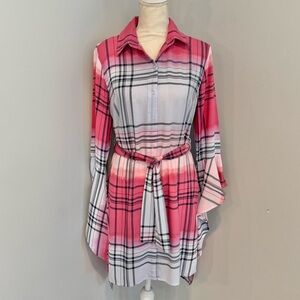 Pink Plaid Belted Shirt Dress